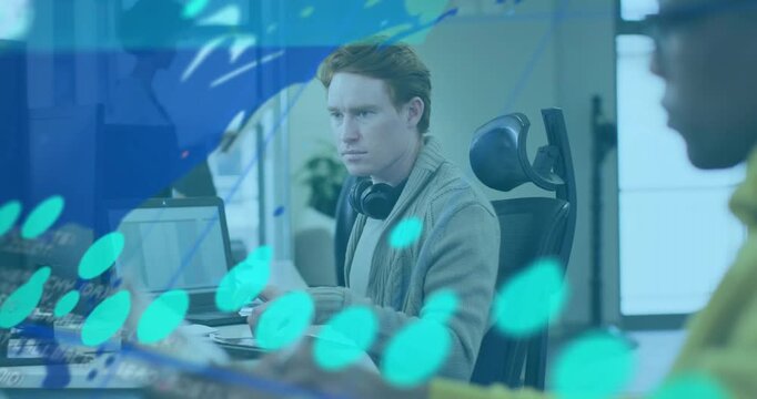 Central analyst typing, live data causing map and readouts sweeping across desk, monitoring metrics