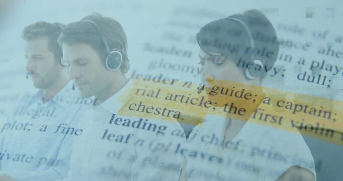 Three headset support agents reading dictionary overlay, highlight appearing and guiding training