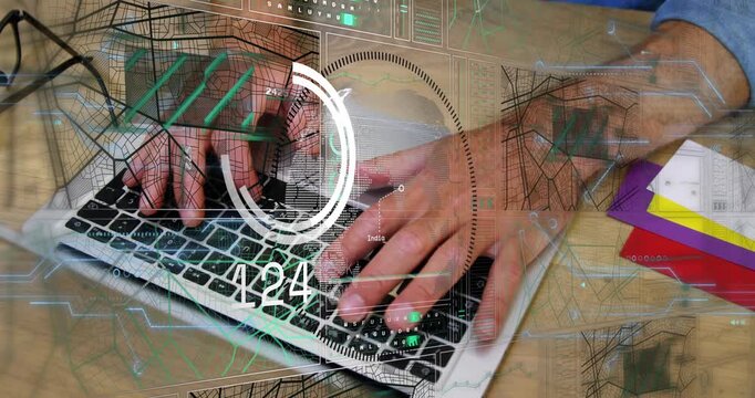 HUD appearing, hands typing laptop, progress meter spinning, counters updating monitoring task