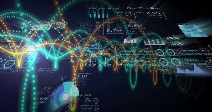 Abstract 3D tech data visual coalescing particles forming teal amber waves updating HUD for metrics