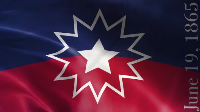 Juneteenth flag waving with June 19 1865 text celebrating freedom and emancipation in America just used for commercial