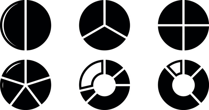 Black and white pie chart icons set with various segment divisions