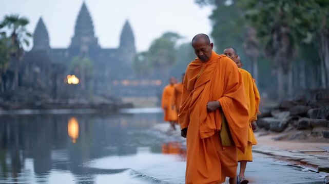 Angkor Wat temple complex reflected in still lotus pond at dawn, stone faces emerging from jungle mist, saffron-robed monks walking ancient corridors in single file, perfect for sp_2