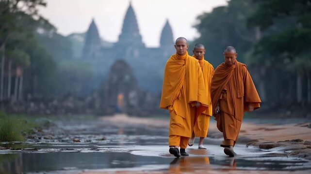 Angkor Wat temple complex reflected in still lotus pond at dawn, stone faces emerging from jungle mist, saffron-robed monks walking ancient corridors in single file, perfect for sp_3