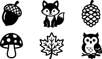 Naklejka premium Black and white forest icons acorn fox pinecone mushroom maple leaf owl
