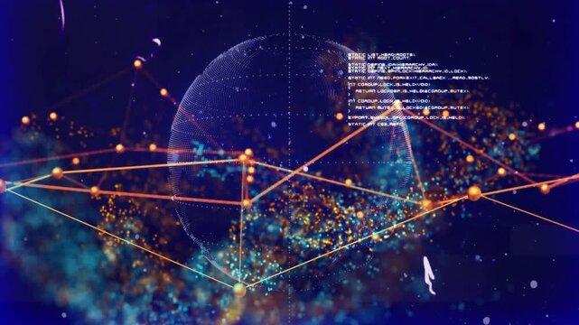 Swarm cloud starting drift, dotted globe turning, orange mesh shifting, code visualizing tech data