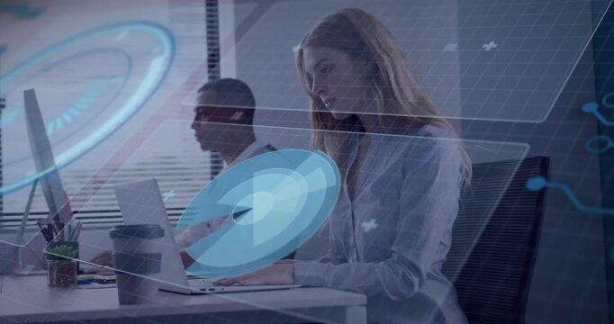 Woman typing on laptop and reviewing code, initiating holographic UI rotating and overlapping desk