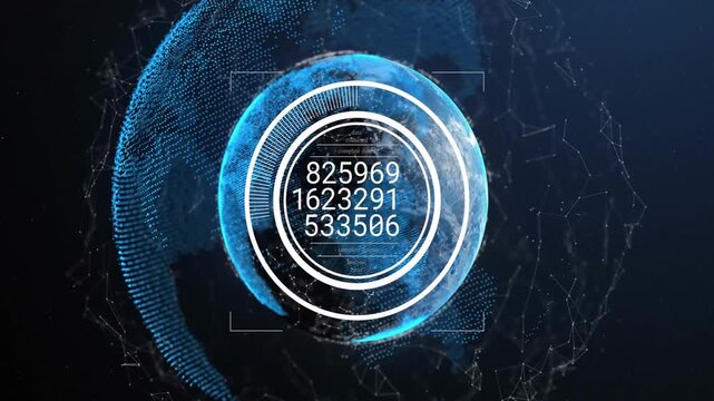 Concentric HUD appearing over data globe, initiating counters updating, rings pulsing and fading