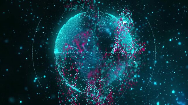 Holographic globe rotating as magenta cloud colliding, breaking cyan grid into data dots for tech