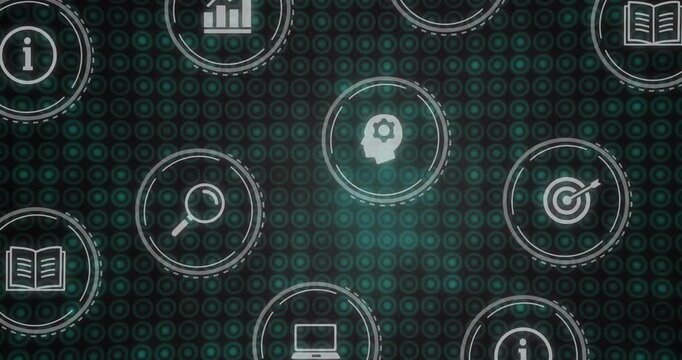 Circular icons forming grid pulsing drifting teal glow sweeping showing search and data for tech
