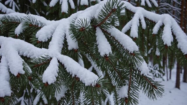 Snowcovered pine branches closeup, soft powder resting on needles, quiet forest atmosphere, botanist examining needle detail, holiday decorator selecting boughs, wildlife photographer framing macro
