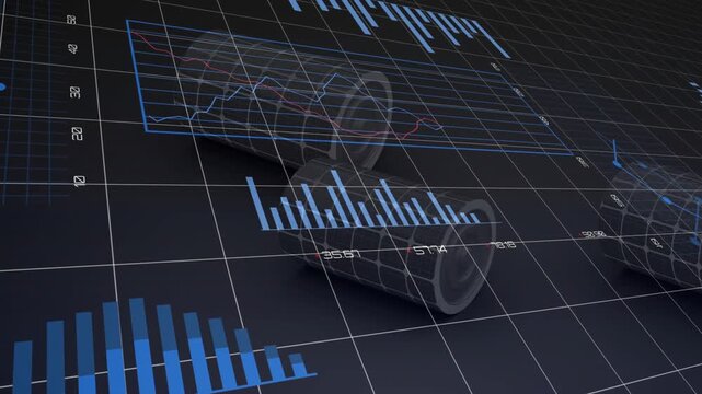 on sequence start 3D tubes rotating, rolling while ring chart sliding forward, showing data
