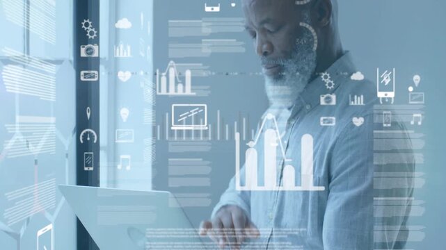 Man typing on laptop starting overlaying business HUD camera panning studying charts for decisions