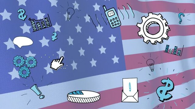 American flag waving causing icons appearing, pulsing, mail opening, phone vibrating, showing trade