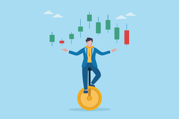 A businessman balances on a unicycle amidst fluctuating stock market charts © BasobiBala