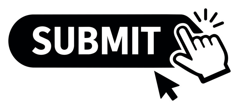 Hand cursor clicking a submit button icon, representing online form submission, data sending, and successful web interaction