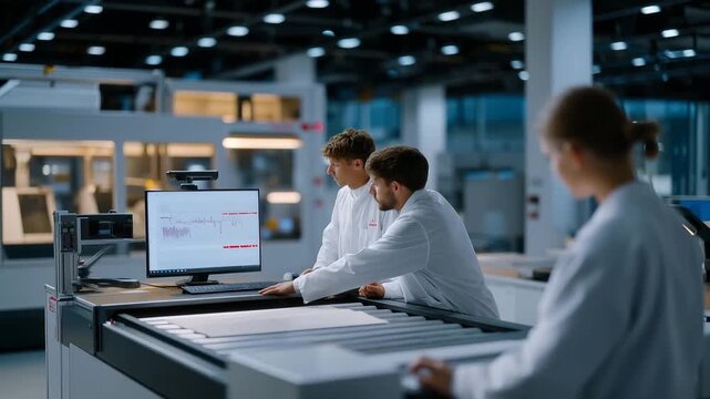 Battery gigafactory clean room with automated material handling system transports electrode sheets, quality control station tests cell voltage and capacity, white coated technician_2