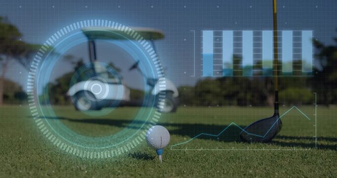 Gloved hand placing golf ball on blue tee, initiating HUD charts, driver aligning for drive