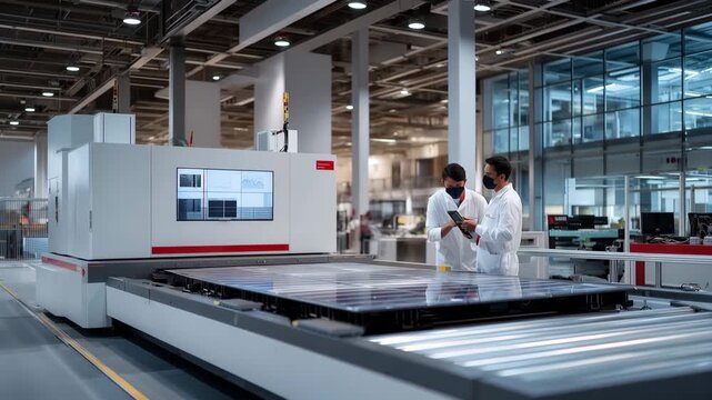 Battery gigafactory clean room with automated material handling system transports electrode sheets, quality control station tests cell voltage and capacity, white coated technician