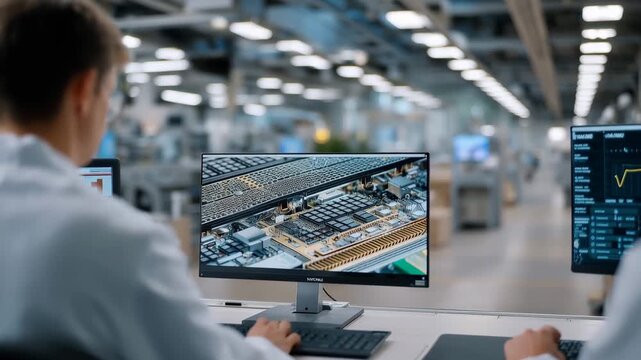 Battery gigafactory clean room with automated material handling system transports electrode sheets, quality control station tests cell voltage and capacity, white coated technician_3