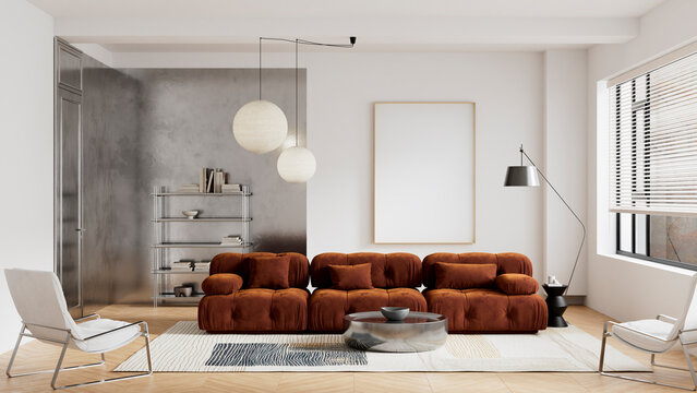 Modern contemporary living room with warm minimal tones and soft bauhaus influence featuring poster frame mockup and sculptural furniture in a clean interior scene. 3D illustration