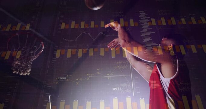 Basketball player raising ball, jumping and releasing shot, analytics overlaying, aiming to score