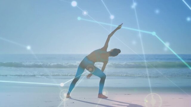 Woman starting side-bend on beach for fitness, stretching torso while network nodes overlay body