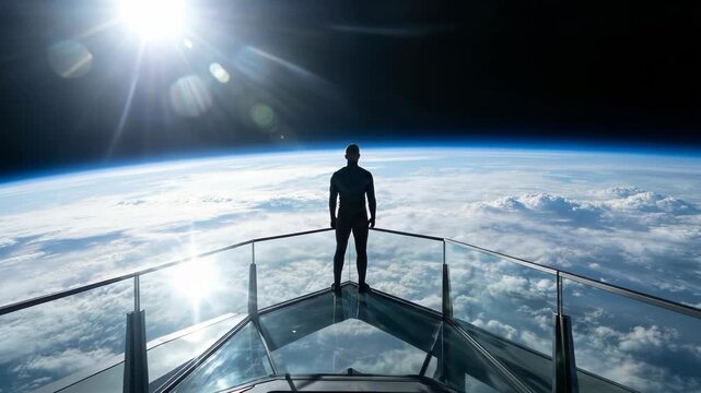 Man in black suit standing on glass observation deck looking at Earth from space with bright sun and clouds