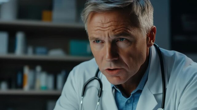 A male actor portraying a doctor in a medical clinic, attentively listening to patient symptoms.
