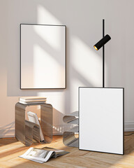 Modern Living Room Poster Frame Mockup with Natural Light and Minimalist Decoration. 3D render.