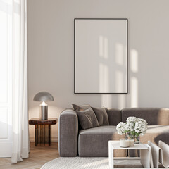 Plakat Modern Living Room Poster Frame Mockup with Natural Light and Minimalist Decoration. 3D render.
