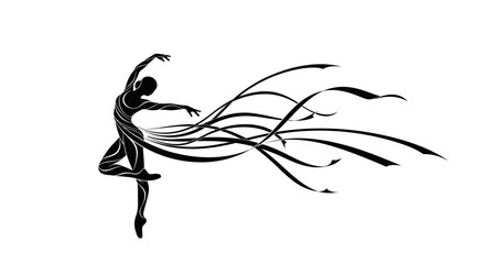 Energetic Female Dancer Silhouette with Flowing Ribbons on Isolated White Background. © Fahlevi