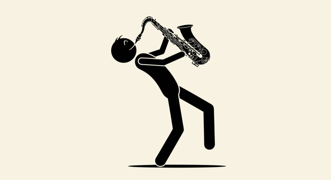 Expressive stick figure jazz musician passionately playing a saxophone in a dynamic pose on a light beige studio background.