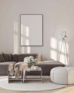 Modern Living Room Poster Frame Mockup with Natural Light and Minimalist Decoration. 3D render.