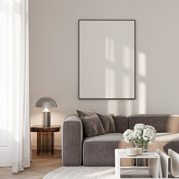 Modern Living Room Poster Frame Mockup with Natural Light and Minimalist Decoration. 3D render.