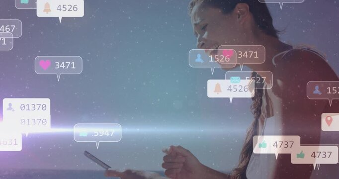 Tapping braided woman in white tank causing phone notifications, lens flare over ocean, copy space