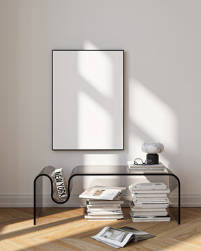 Modern Living Room Poster Frame Mockup with Natural Light and Minimalist Decoration. 3D render.