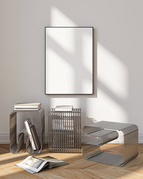 Modern Living Room Poster Frame Mockup with Natural Light and Minimalist Decoration. 3D render.