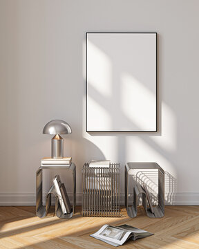 Modern Living Room Poster Frame Mockup with Natural Light and Minimalist Decoration. 3D render.