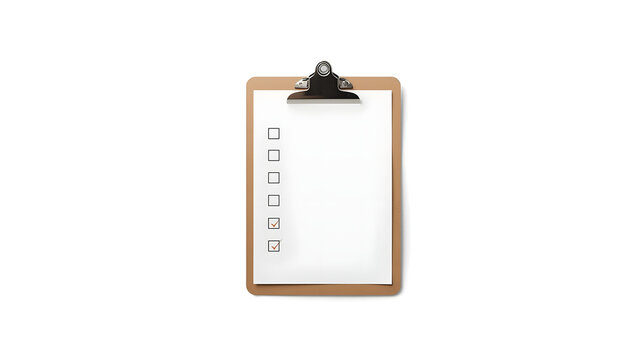 Clipboard with pen and blank paper isolated on white background