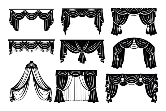 Nine black silhouette curtains and drapes vector set. Elements feature tassels, valances, and tie-backs for elegant decoration