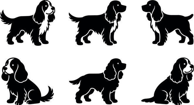Black and white cocker spaniel dog silhouettes in various poses vector art