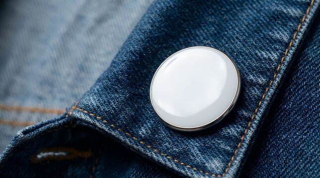 Blank Circular Enamel Pin Mockup - Blue Denim Collar Macro POV