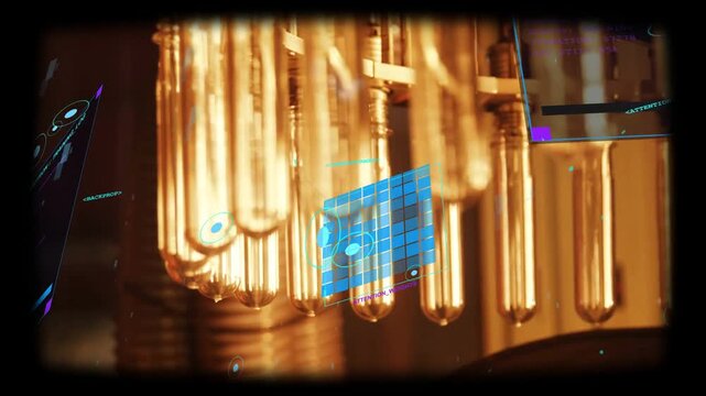 Glass ampoules centering while camera moving, HUD grid drifting, analyzing sample data for lab