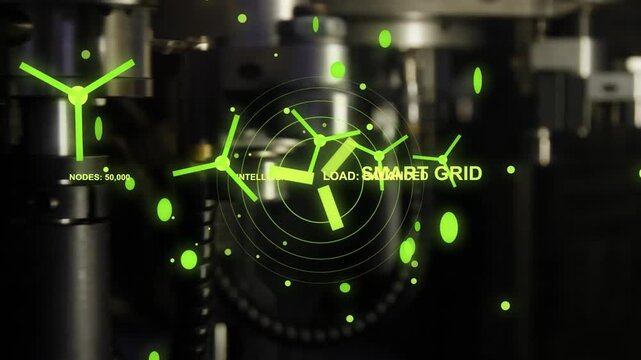 Focus tightening, SMART GRID tech hologram emerging over metal, rotating glyphs showing load, nodes