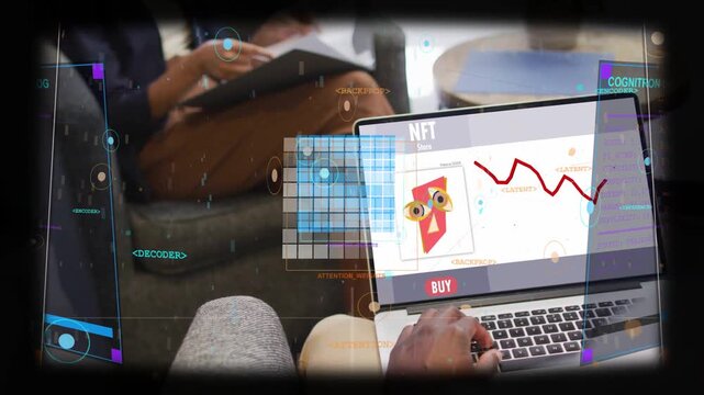 Laptop user selecting NFT and monitoring red trend line, deciding purchase while HUD sweeping