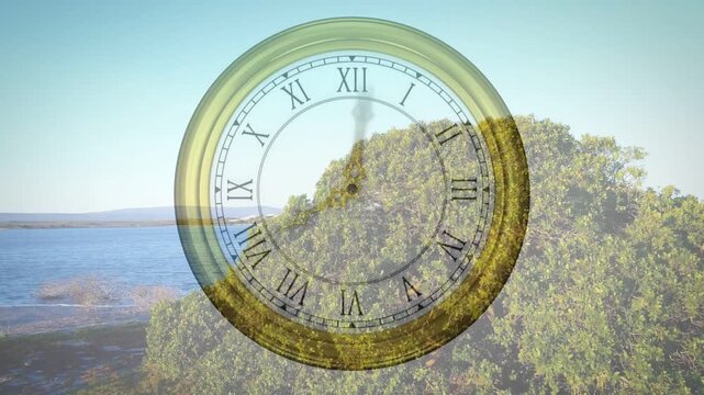 On playback clock overlay rotating hands dial fading pendulum bob swinging revealing coast for tech