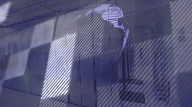 Diagonal lights causing map bits forming rotating globe over racks, showing world data flow