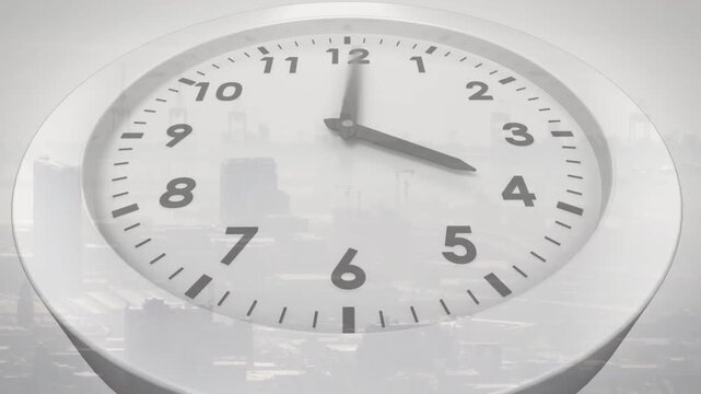 Clock hands starting upper-right, rotating, reversing and blurring, showing time flow over skyline