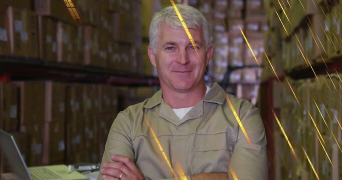 Warehouse pro reacting to laptop ping, checking boxes while golden streaks passing before him